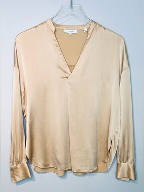 Vince Gold Satin Silk Band Collar Popover Blouse Shirt Top